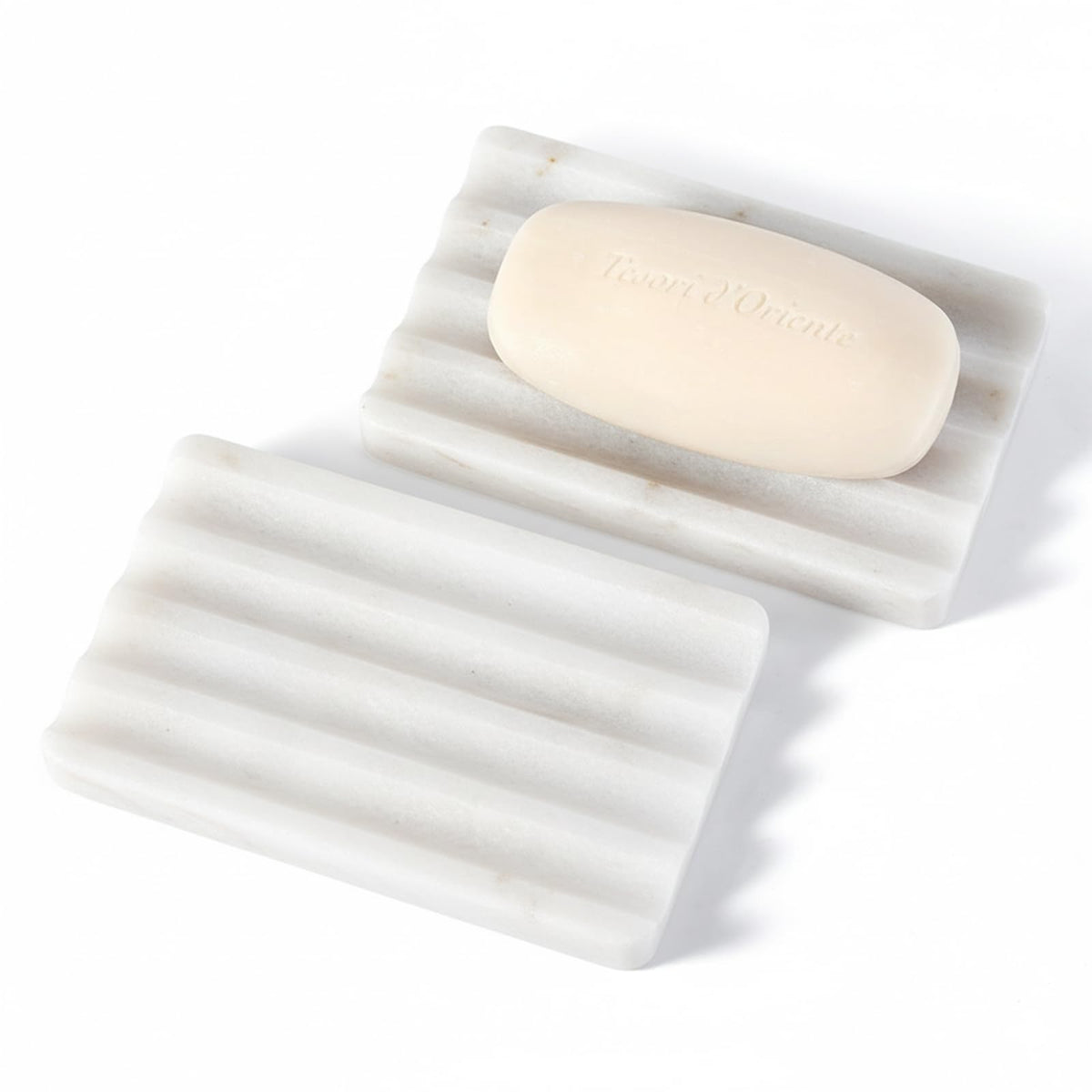 2PCS Koville Italian Natural Marble Soap Dish for Shower, Multi-Color Stone Soap Tray for Bathroom, Bar Soap Holder for Sink, Stripe Grooves Soap Saver Sponge Holder (White/Brown Random)