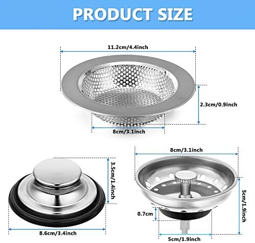 Mudder 3 Pcs Sink Plug Stopper Disposal Drain Strainer,Silver