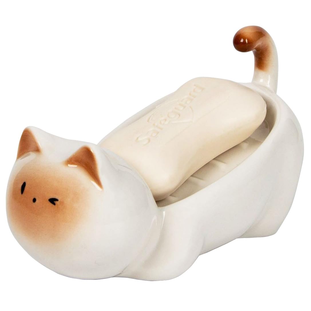 Ceramic Cute Cat Soap Dish 45° Self Draining Tray (Black)