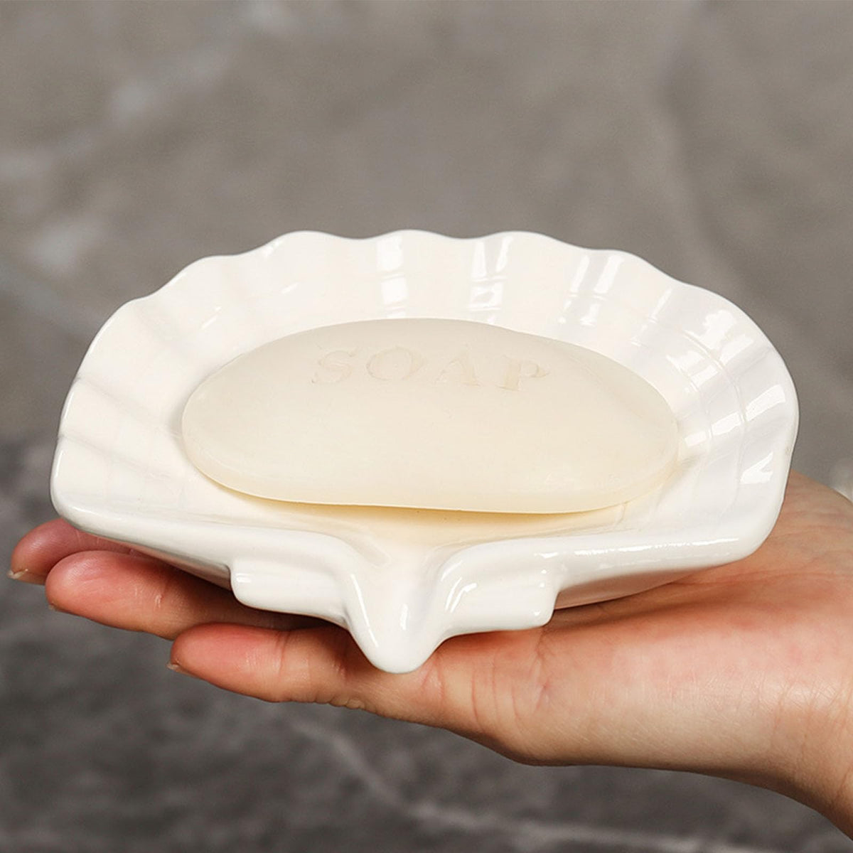 Ceramic Soap Holder, Sea-Shell Soap Tray with Self Draining, Soap Tray for Sink Washroom Bathroom Shower, Small Cute and Elegant Holder with Glaze, Easy Cleaning (White)