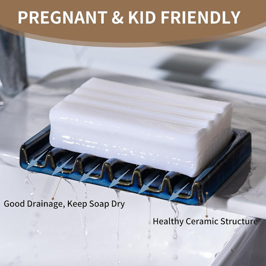 Tanew Self Draining Premium Ceramic Soap Dish, Bar Waterfall Soap Dish, Shower Soap Holder Sponge Holder Soap Tray Savers for Bathroom, Shower, Kitchen, Sink and Countertop