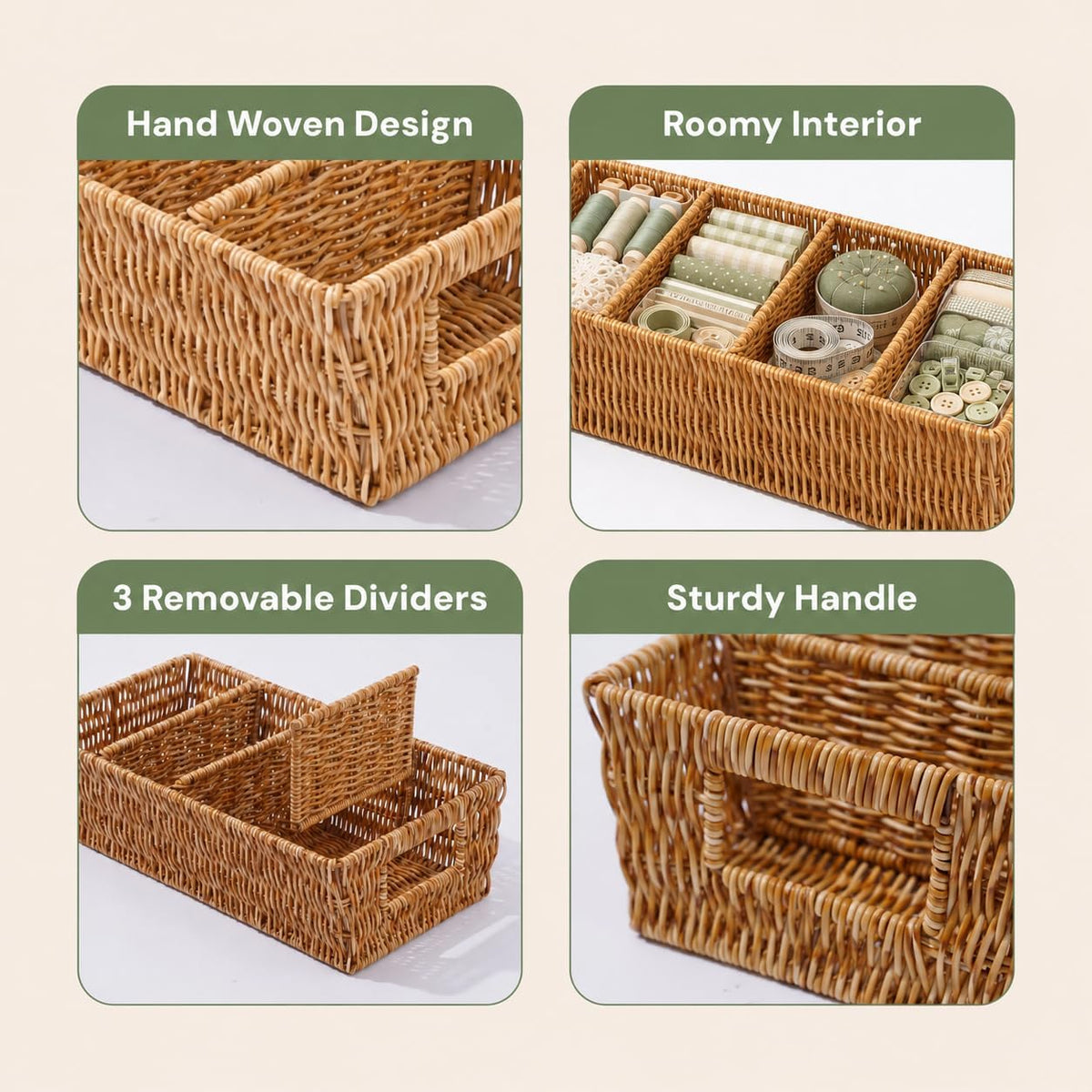 2PCS Rattan Pantry Organizer Baskets with Removable Dividers