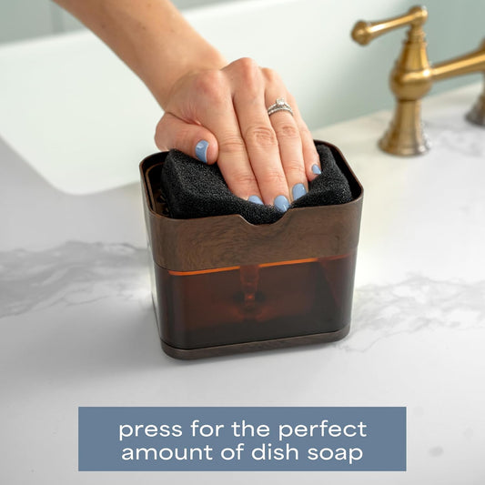 S&T INC. Dish Soap Dispenser and Sponge Holder, Plastic Walnut and Amber