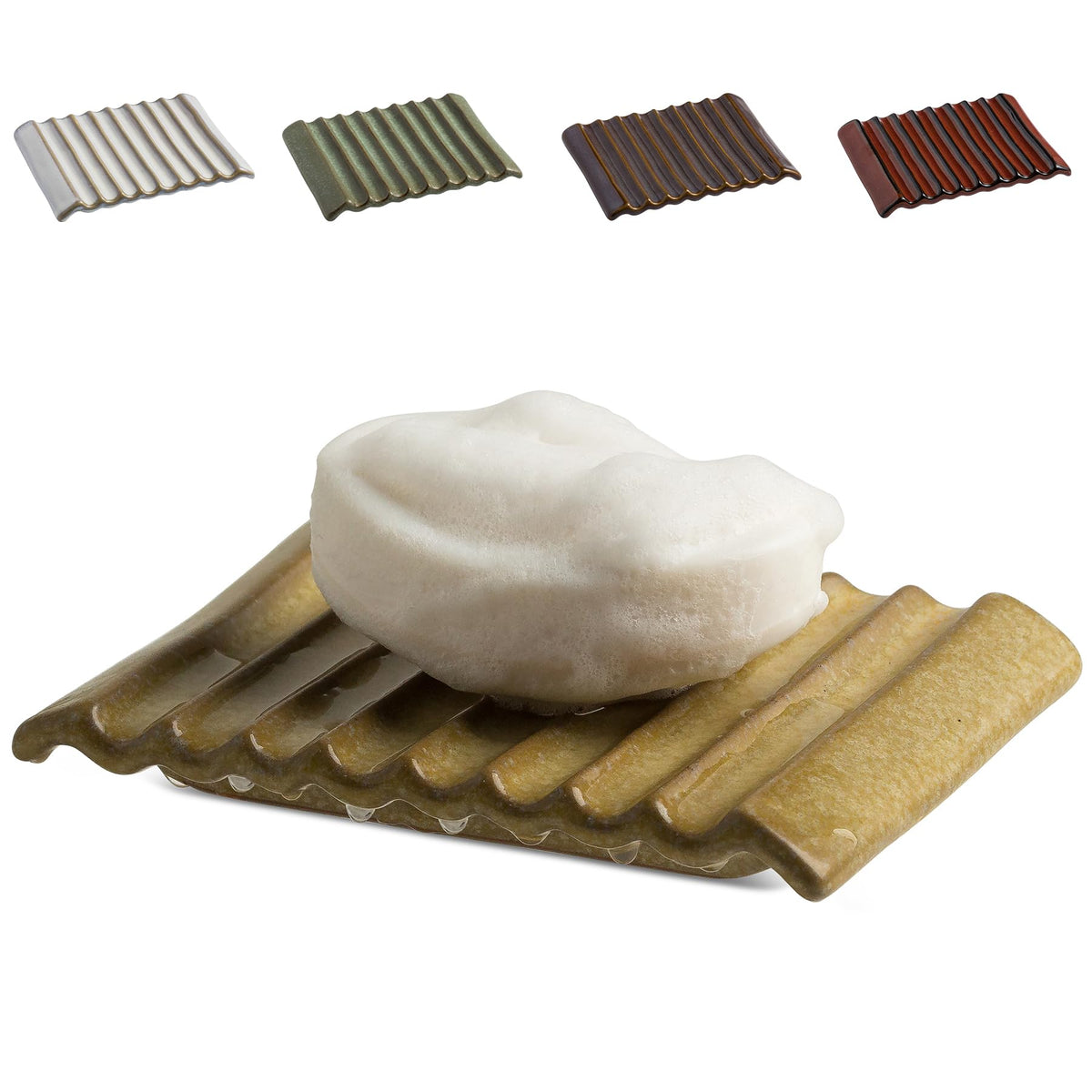 Zoeeker Soap Dish with Waterfall Design, Ceramic Soap Holder for Countertop