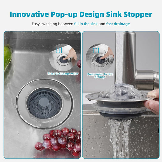 Hibbent 3-in-1 Kitchen Sink Drain Strainer & Stopper, Flat Handle, Chrome