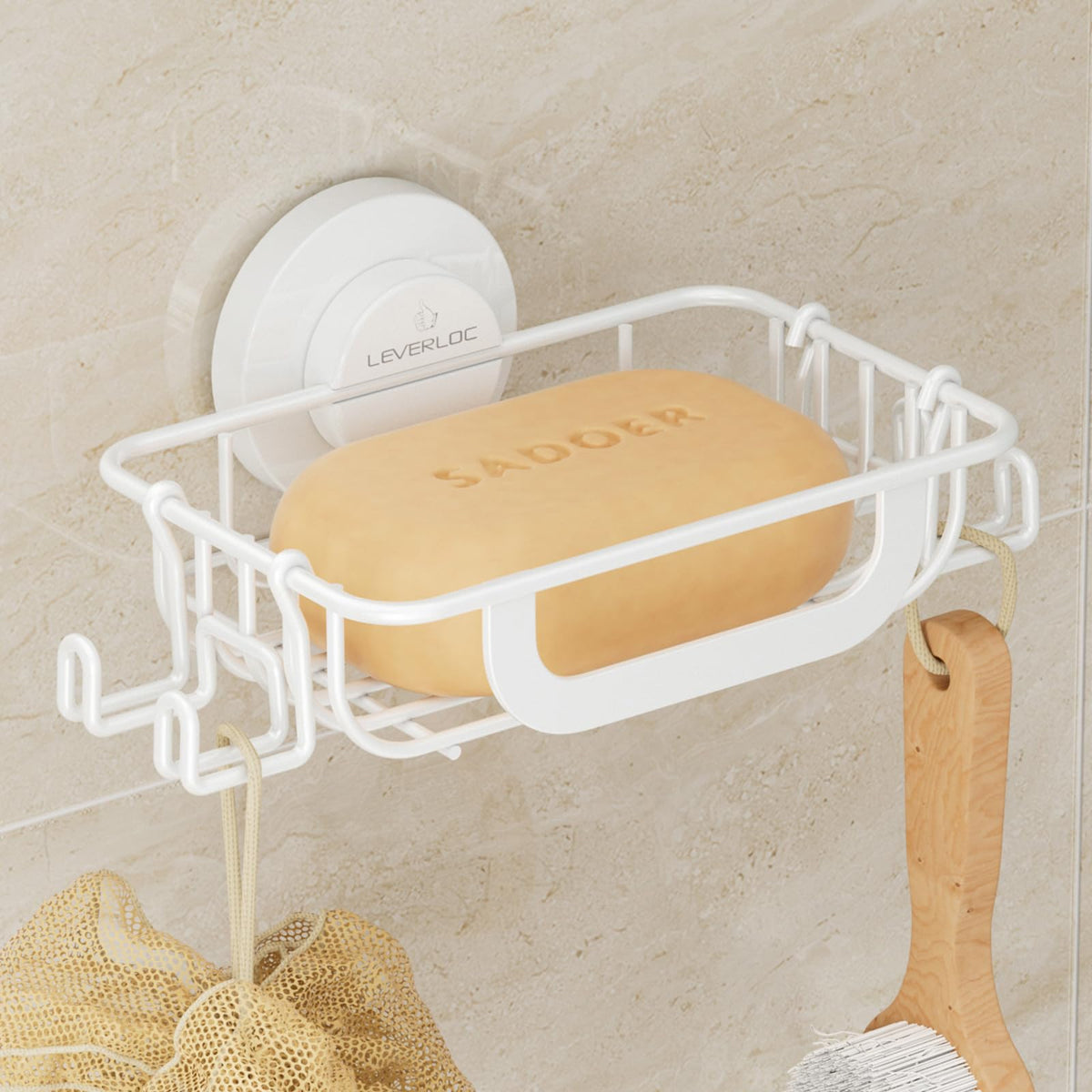 LEVERLOC Bar Soap Holder with Hooks, Suction Cup Soap Dish Stainless Steel