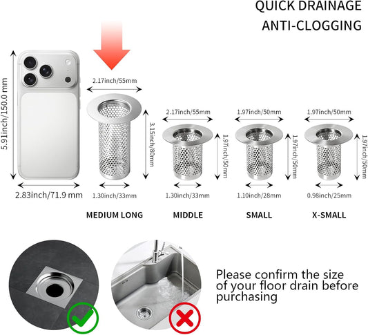 Bathroom Sink Drain Strainer, Bathtub Drain Hair Catcher, 304 Stainless Steel Shower Drain, Deep Basket Cover, Anti-Clog for Pet Hair, Universal Tub Drain Filter