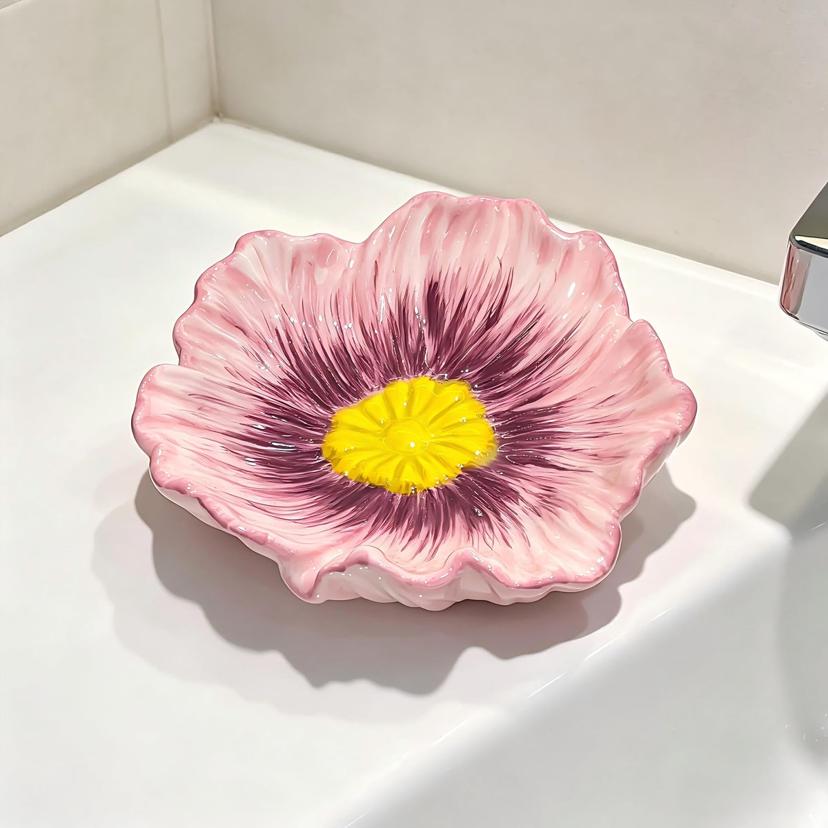 Ceramic Soap Holder, Auto-Draining Glazed Tray for Bathroom Sink