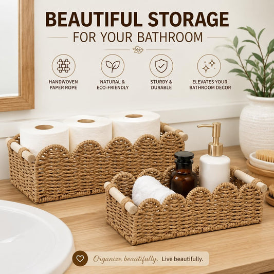 Paper Rope Storage Basket Set of 2 with Wooden Handles - Scalloped Toilet Paper Organizer, Cute & Functional Home Decor for Bathroom or Living Room (Beige)