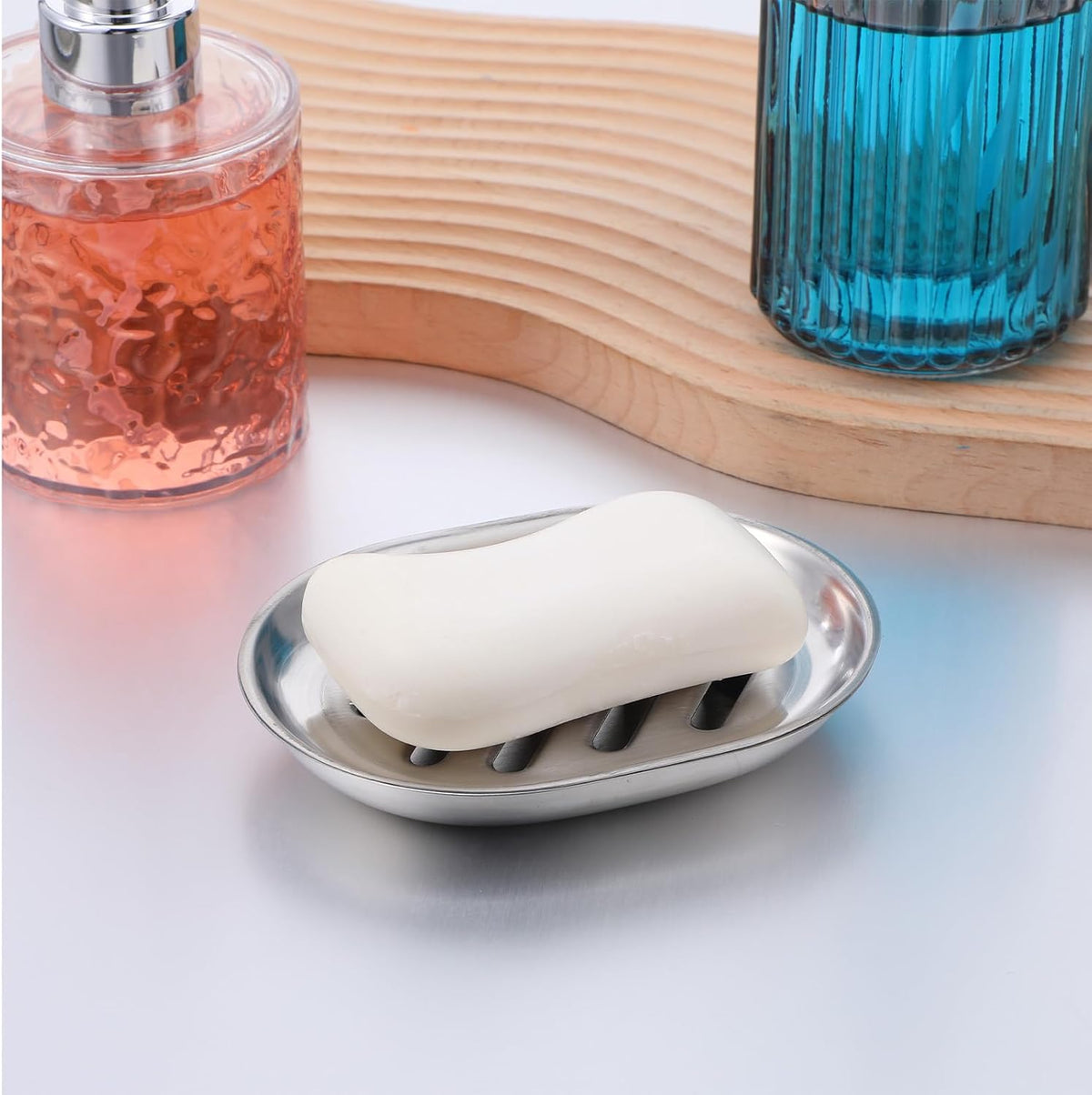 4-Pack Stainless Steel Soap Dish for Shower & Kitchen Sink – Heavy Duty 304 Metal Soap Holder with Drainage, Anti-Rust Brushed Finish, 5x4x0.8 Inch Soaps Bar Tray for Bathroom or Countertop