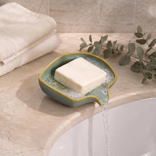 Ceramic Soap Dish - Self Draining Bathroom Soap Dish for Sink, Glossy Green Ceramic Tray, Decorative Holder for Shower, Vanity & Kitchen Countertop, Small Space-Saving Design