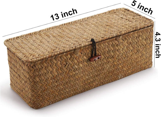 Seagrass Storage Basket for Bathroom - Toilet Tank with Lid, Wicker Woven Narrow Basket for Organizing (13" x 5" x 4.3")