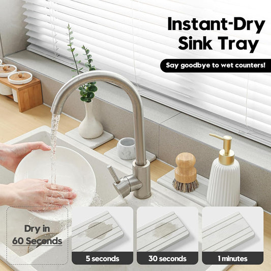 3 Pack Diatomite Stone Sink Tray, Water Absorbing Mat for Kitchen & Bathroom Counter, Quick Dry Soap Dish Makeup Vanity Caddy,Sponge Holder Organizer, Beige - 2pcs of 4.5"x 3.5" and 1pc of 9"x 3.5"