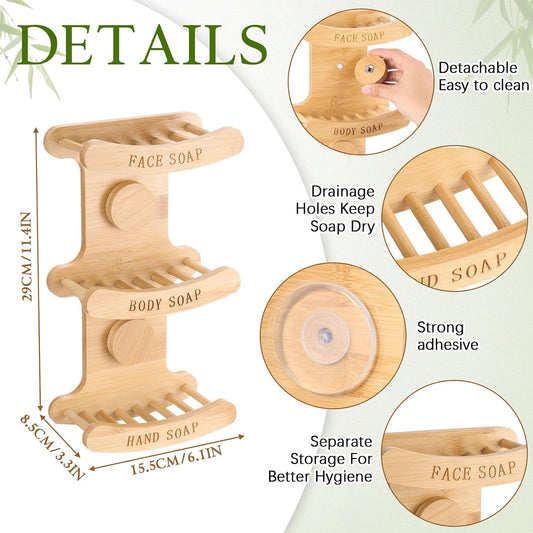 3-Tier Bamboo Soap Holder for Shower, Self Draining