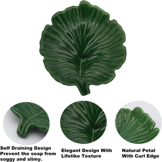 Elegant Bathroom Soap Dish,Ceramic Soap Dish Holder in Palm Leaf Style,Self-Draining Design for Bathroom