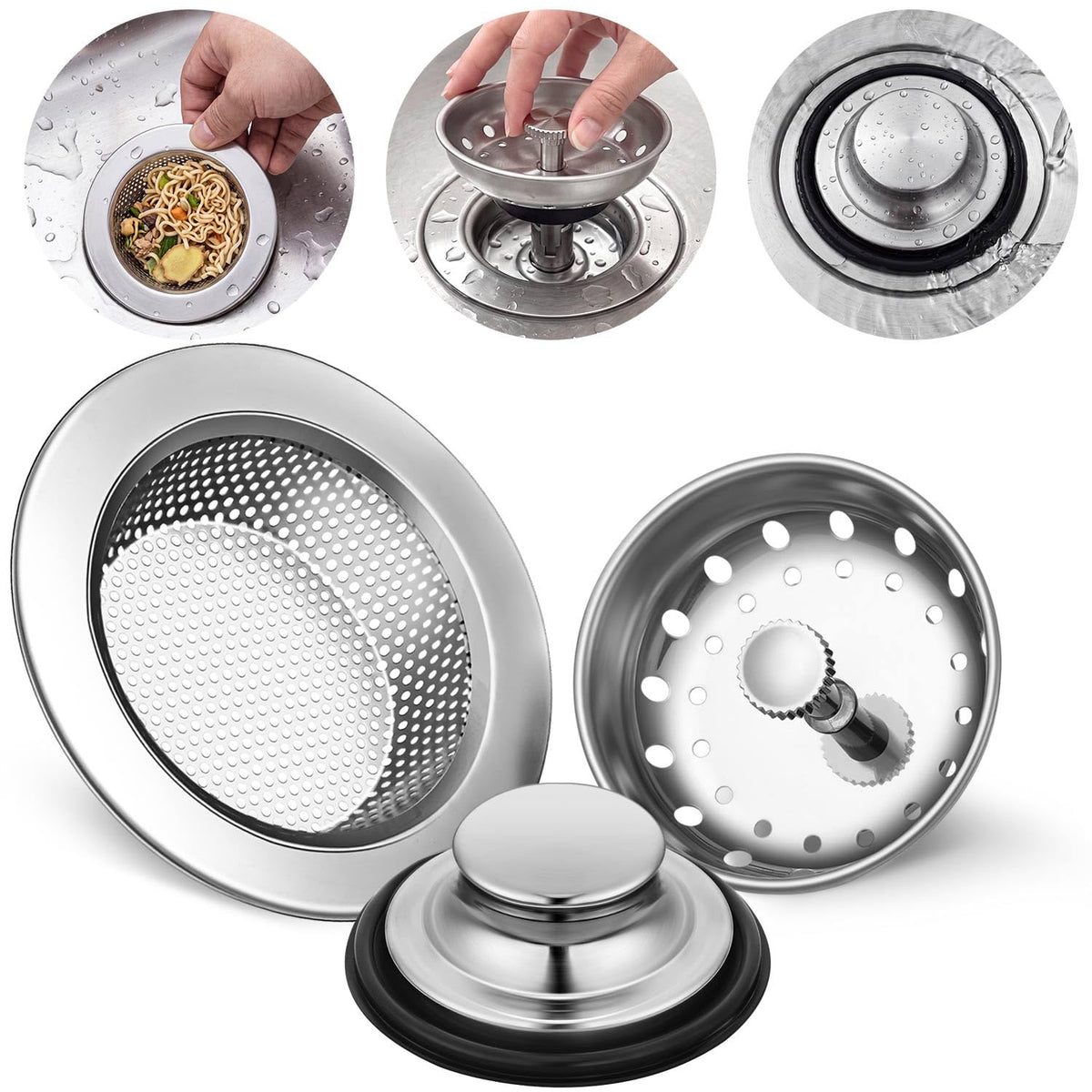 Mudder 3 Pcs Sink Plug Stopper Disposal Drain Strainer,Silver