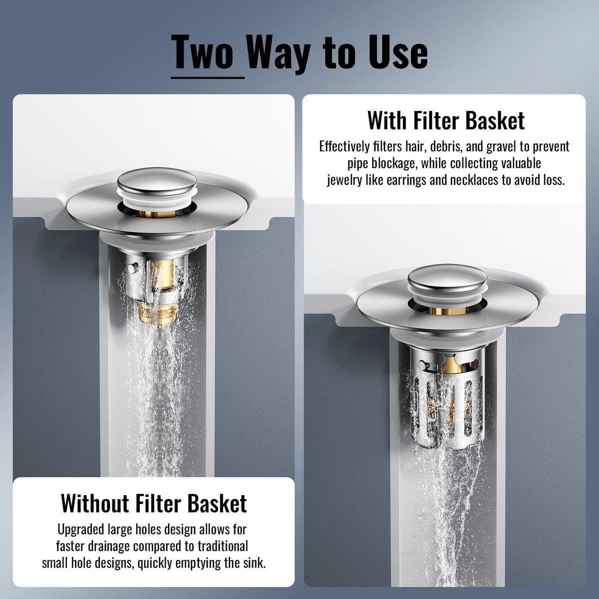 Heavy-Duty All-Metal Sink Stopper & Drain Strainer for Bathroom, Anti-Clog Anti Drain Flies/Smell Blocking/Easy Cleaning/2-Pack/Dual Drainage Modes/Pop-Up Design/Fits 1.1"–2.36" Drain