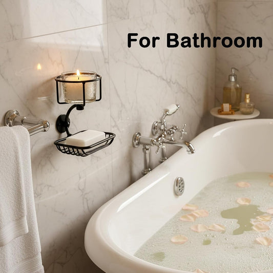 Wall Mounted Bar Soap Holder with Candle & Vase Holder, Farmhouse Soap Dish for Shower Wall, 2-Tier Rustproof Sponge & Soap Organizer for Bathroom, Black Bathroom Wall Decor