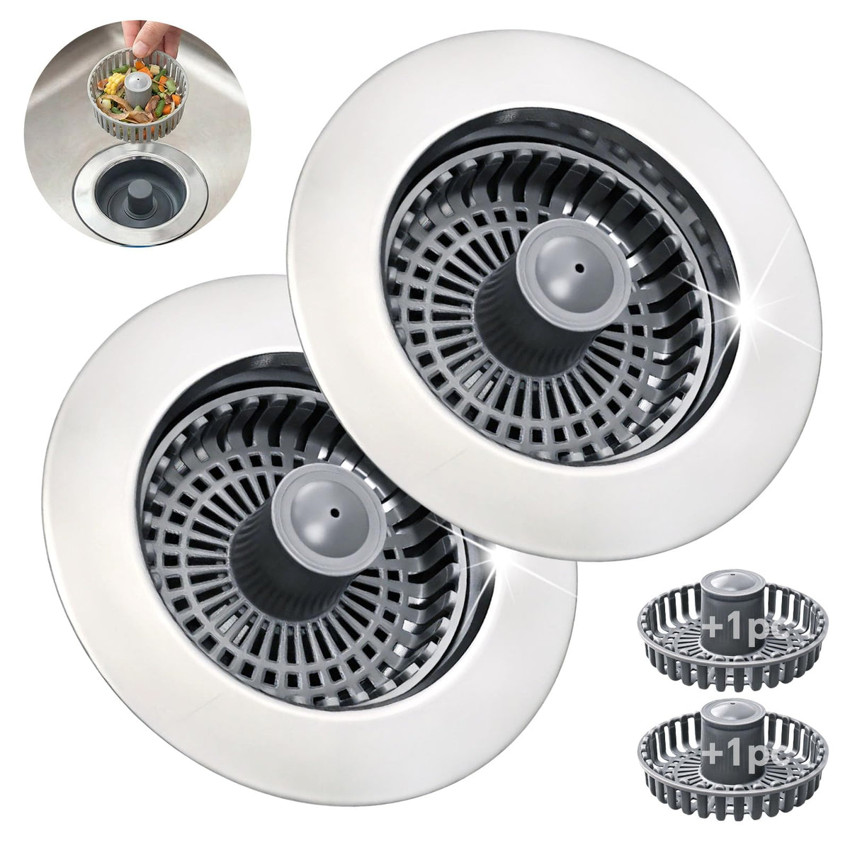 Solid Brass Body 3-in-1 Kitchen Sink Drain Strainer & Stopper, Heavy Duty Pop Up Plug Assembly with 2 Baskets, Anti-Clog Replacement for US Standard 3-1/2 Inch Drains, Rust-Proof Silver