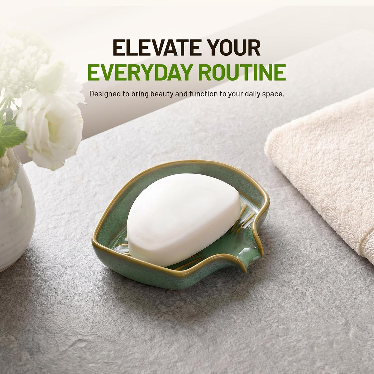 Ceramic Soap Dish - Self Draining Bathroom Soap Dish for Sink, Glossy Green Ceramic Tray, Decorative Holder for Shower, Vanity & Kitchen Countertop, Small Space-Saving Design