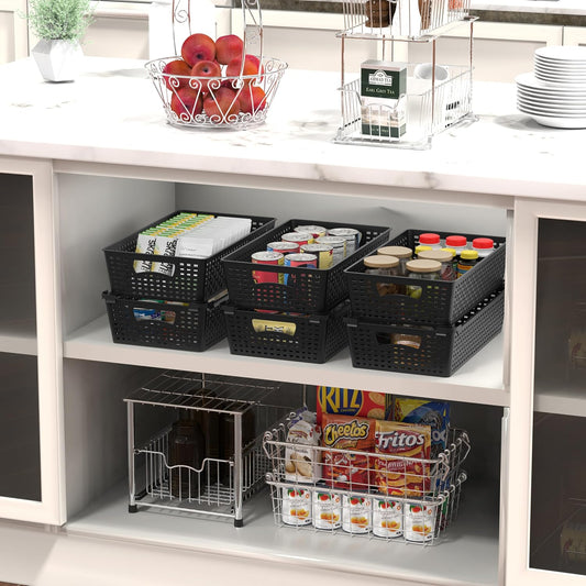 Simple Houseware Stackable Plastic Woven Basket Organizer, 6 Pack, Black