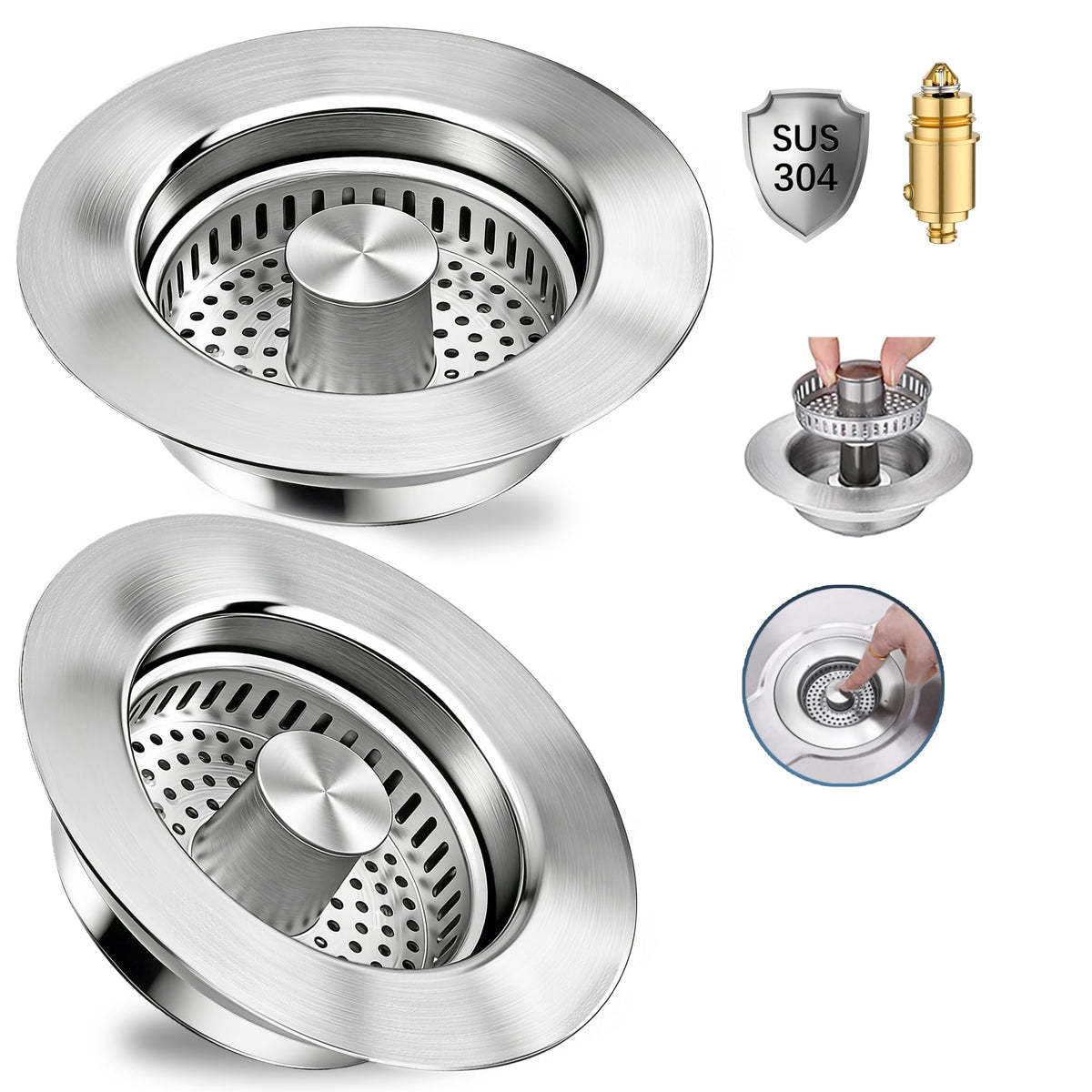 Sink Drain Strainer - Sink Stopper for Kitchen Drain,3 in 1 Kitchen Sink Drain Strainer with Anti Clogging Basket, Easy to Install Kitchen Sink Stopper for US Standard 3-1/2” Drain Hole