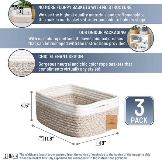 NaturalCozy 11.8"x8"x4.5” Storage Baskets for Shelves 3 Pack | Cotton Rope Woven Small Baskets for Organizing | Small Storage Bins for Nursery, Bathroom, Closet, Cube Shelf, Decorative, Gift Basket