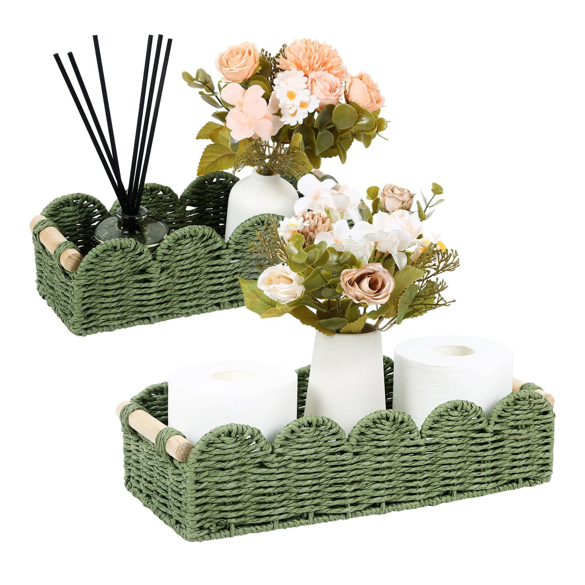 Paper Rope Storage Basket Set of 2 with Wooden Handles - Scalloped Toilet Paper Organizer, Cute & Functional Home Decor for Bathroom or Living Room (Beige)
