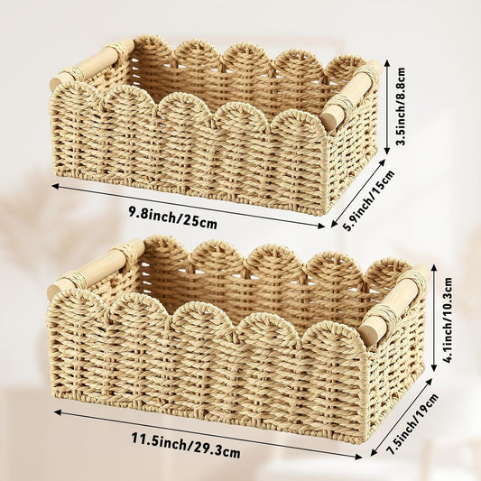 2 Pack Handwoven Scalloped Toilet Paper Storage Basket