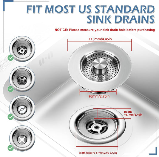 3 in 1 Kitchen Sink Stopper,304 Stainless Steel Kitchen Sink Drain Strainer Fits for Most Kitchen Drain, Easy to Install, Use, and Clean; Works Effectively