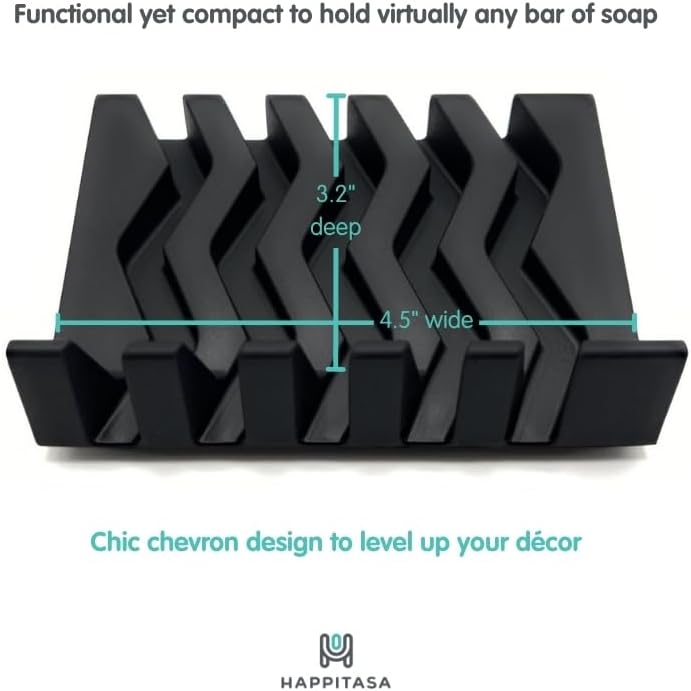 Silicone Draining Soap Dish, Sloped Angled Design, Chevron Pattern, Universal Fit, Extra Thick (Black, 4.5"x3.2")