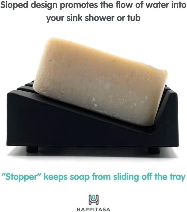 Silicone Draining Soap Dish, Sloped Angled Design, Chevron Pattern, Universal Fit, Extra Thick (Black, 4.5"x3.2")