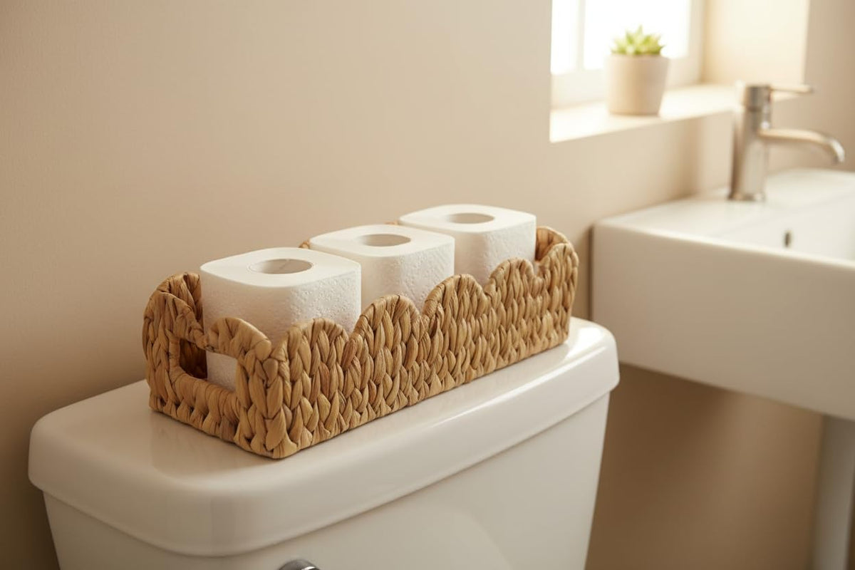 Coeusy Scalloped Toilet Paper Basket, Wicker Basket for Bathroom, Natural