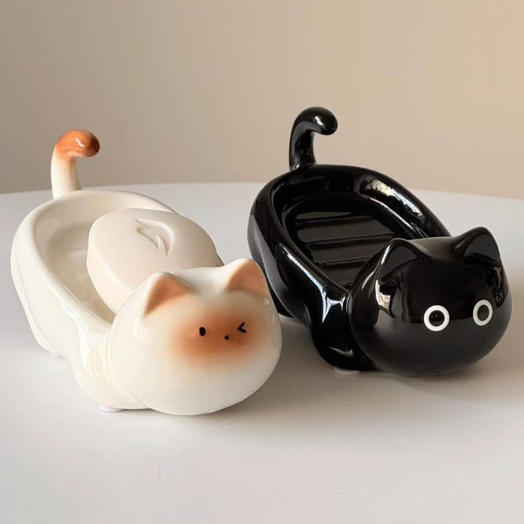 Ceramic Cute Cat Soap Dish 45° Self Draining Tray (Black)