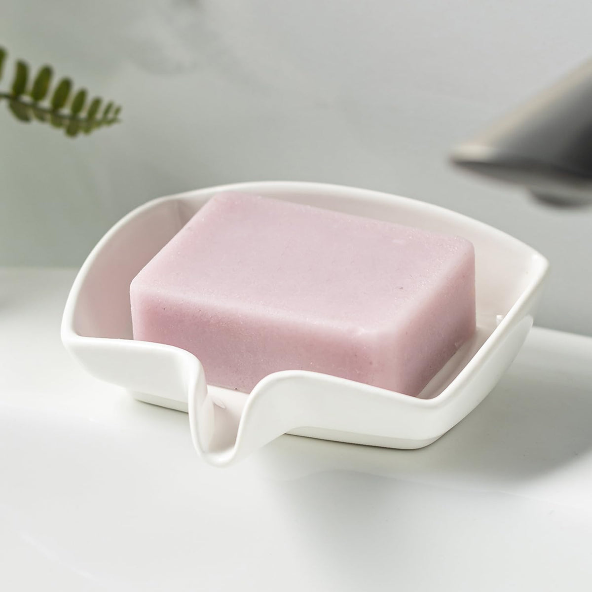 Zoeeker Soap Dish with Waterfall Design, Ceramic Soap Holder for Countertop