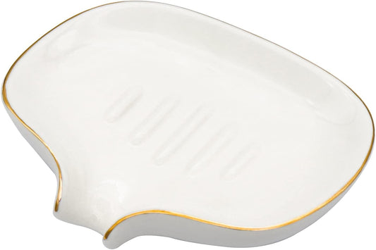 White Soap Dish Ceramic Self Draining Soap Dish Waterfall Slot Gold Edge Bathroom Accessories for Bathroom, Kitchen,Bar Counter
