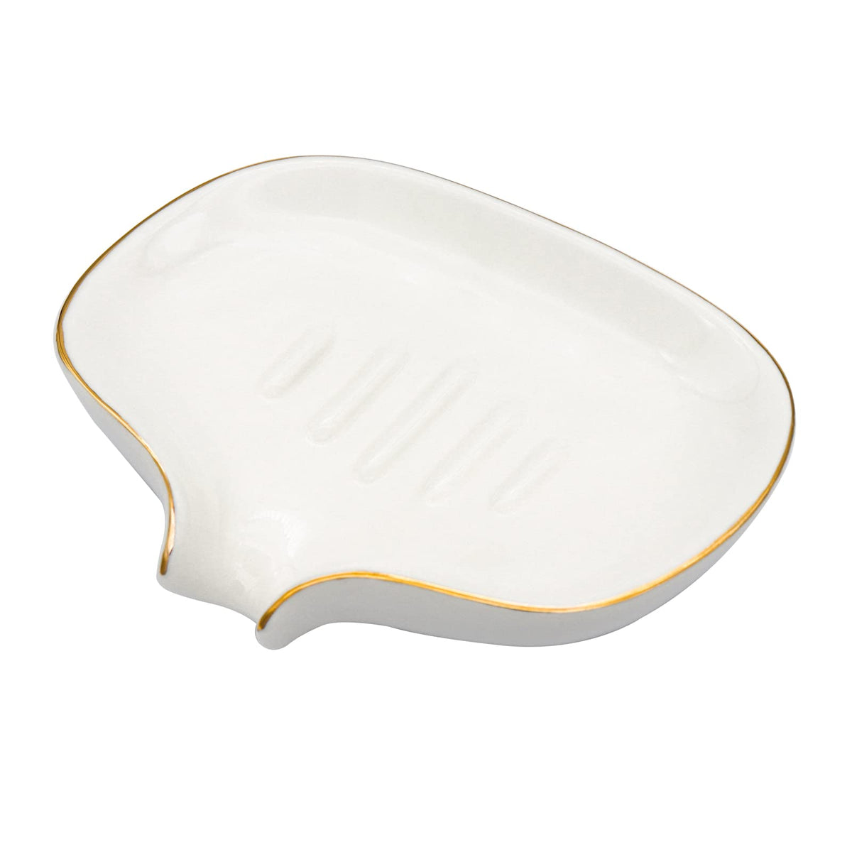 White Soap Dish Ceramic Self Draining Soap Dish Waterfall Slot Gold Edge Bathroom Accessories for Bathroom, Kitchen,Bar Counter