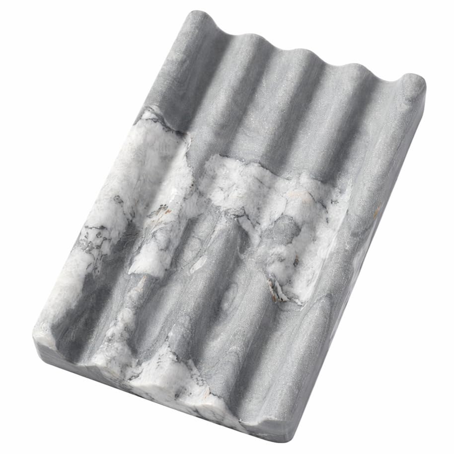 Koville Natural Marble Soap Dish for Bathroom Shower, White Gold Marble Soap Tray for Bathroom, Stone Soap Tray for Sink, Stripe Grooves Soap Saver Keep Soap Bars Dry Easy Clean