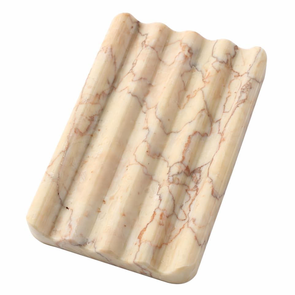 Koville Natural Marble Soap Dish for Bathroom Shower, White Gold Marble Soap Tray for Bathroom, Stone Soap Tray for Sink, Stripe Grooves Soap Saver Keep Soap Bars Dry Easy Clean