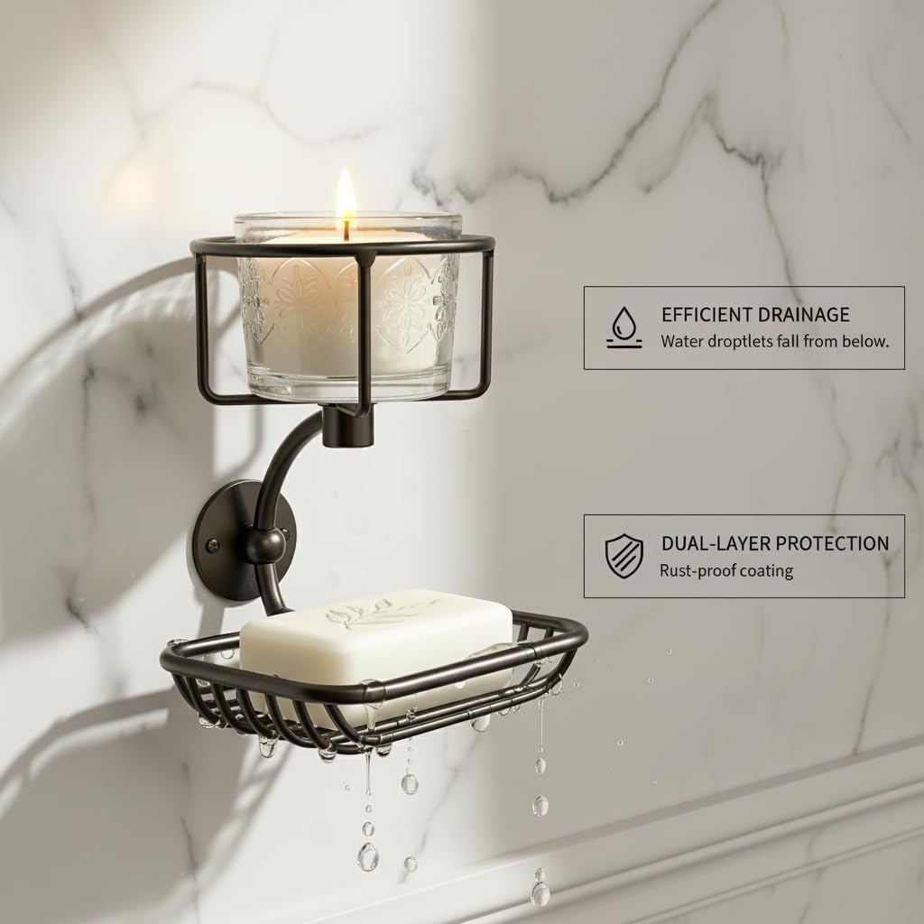 Wall Mounted Bar Soap Holder with Candle & Vase Holder, Farmhouse Soap Dish for Shower Wall, 2-Tier Rustproof Sponge & Soap Organizer for Bathroom, Black Bathroom Wall Decor