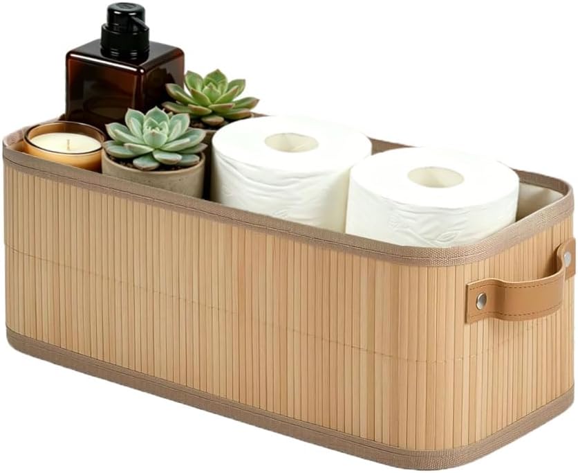 Bamboo Woven Toilet Tank Basket with PU Handles, Storage Basket for Bathroom, Holds 3 Toilet Paper Rolls, Narrow Wicker Storage Basket for Shelves, Countertop, Vanity, Tank Top
