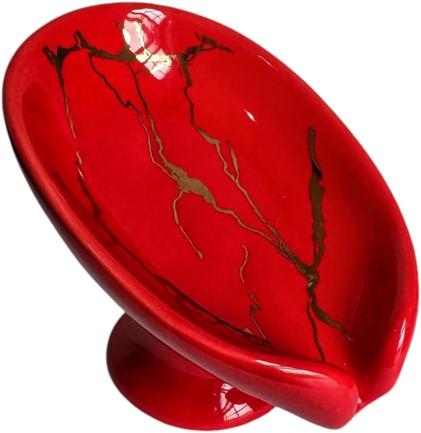 Luxury Porcelain Soap Dish Holder for Bathroom, Ceramic Soap Tray with Drainage Hole, Soap Saver (1, red)