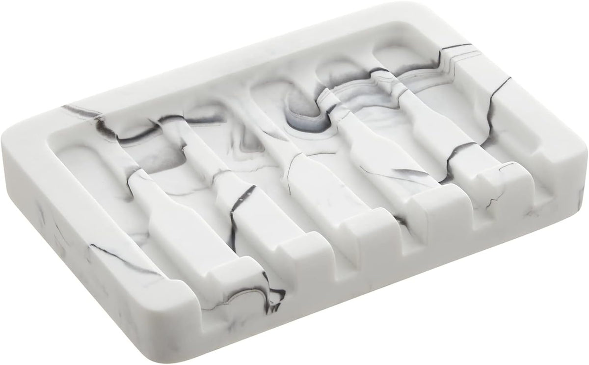 INIUNIK 2PCS Self Draining Soap Dish - Marble Look Soap Holder Tray Savers Box Container Sponge Holder for Bathroom Shower Kitchen, White
