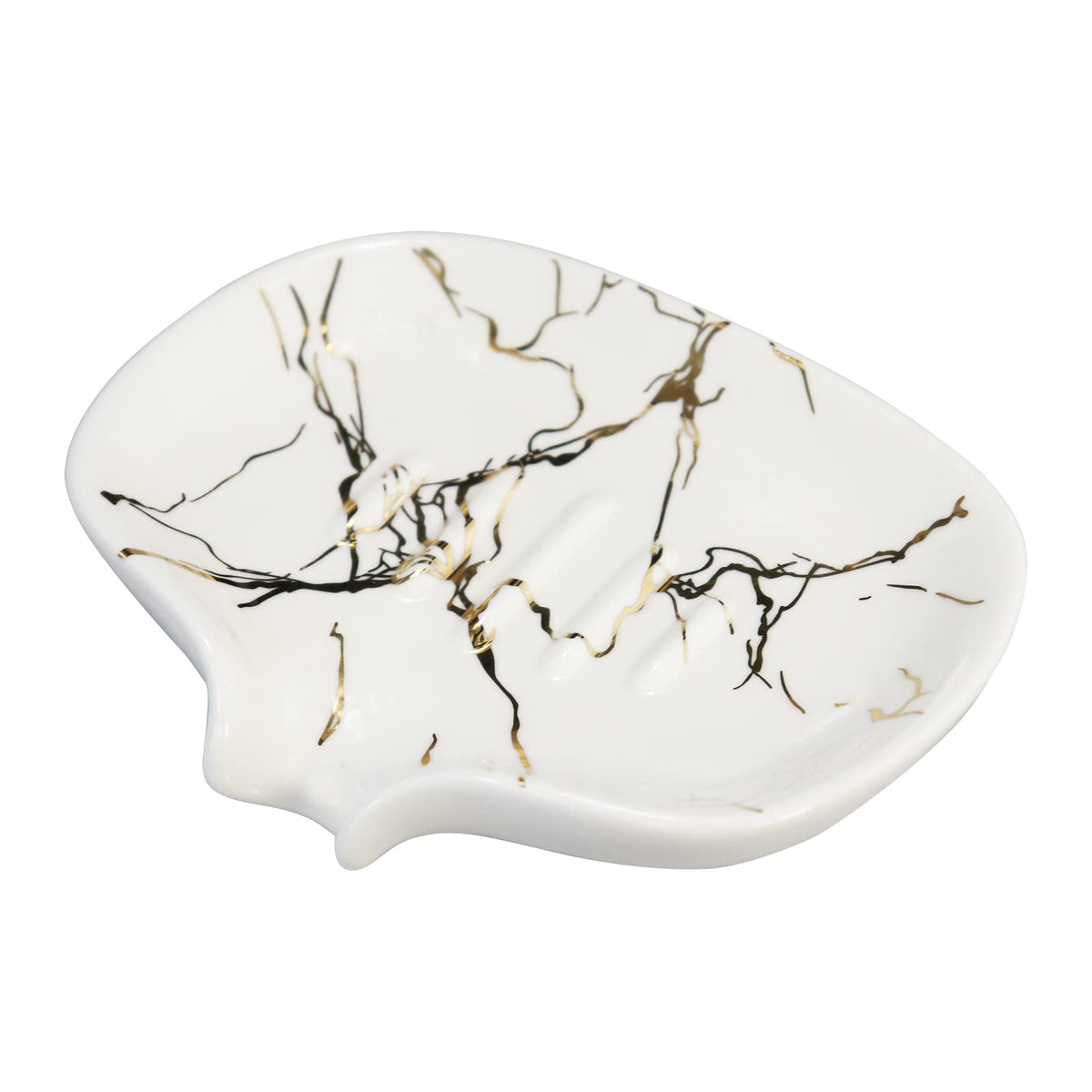 White Soap Dish Ceramic Self Draining Soap Dish Waterfall Slot Gold Edge Bathroom Accessories for Bathroom, Kitchen,Bar Counter