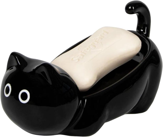 Ceramic Cute Cat Soap Dish 45° Self Draining Tray (Black)