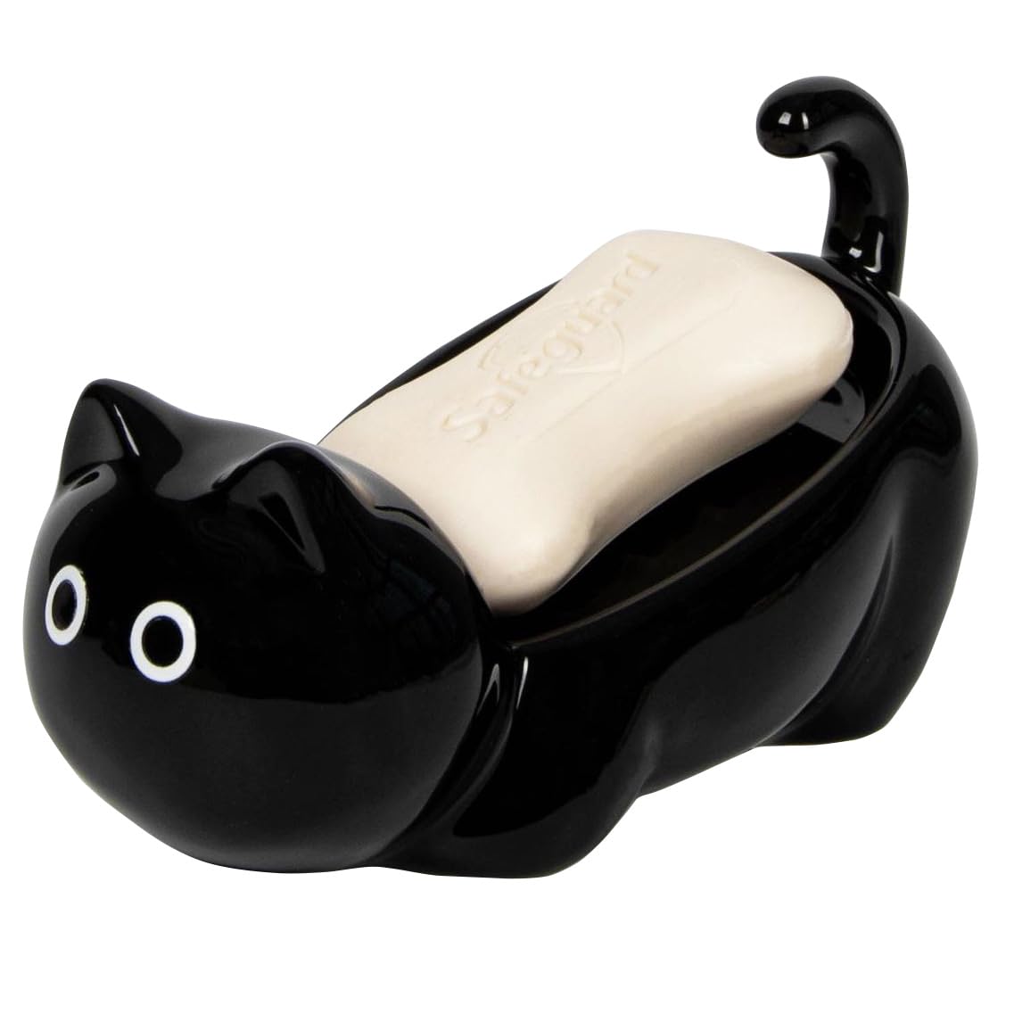 Ceramic Cute Cat Soap Dish 45° Self Draining Tray (Black)
