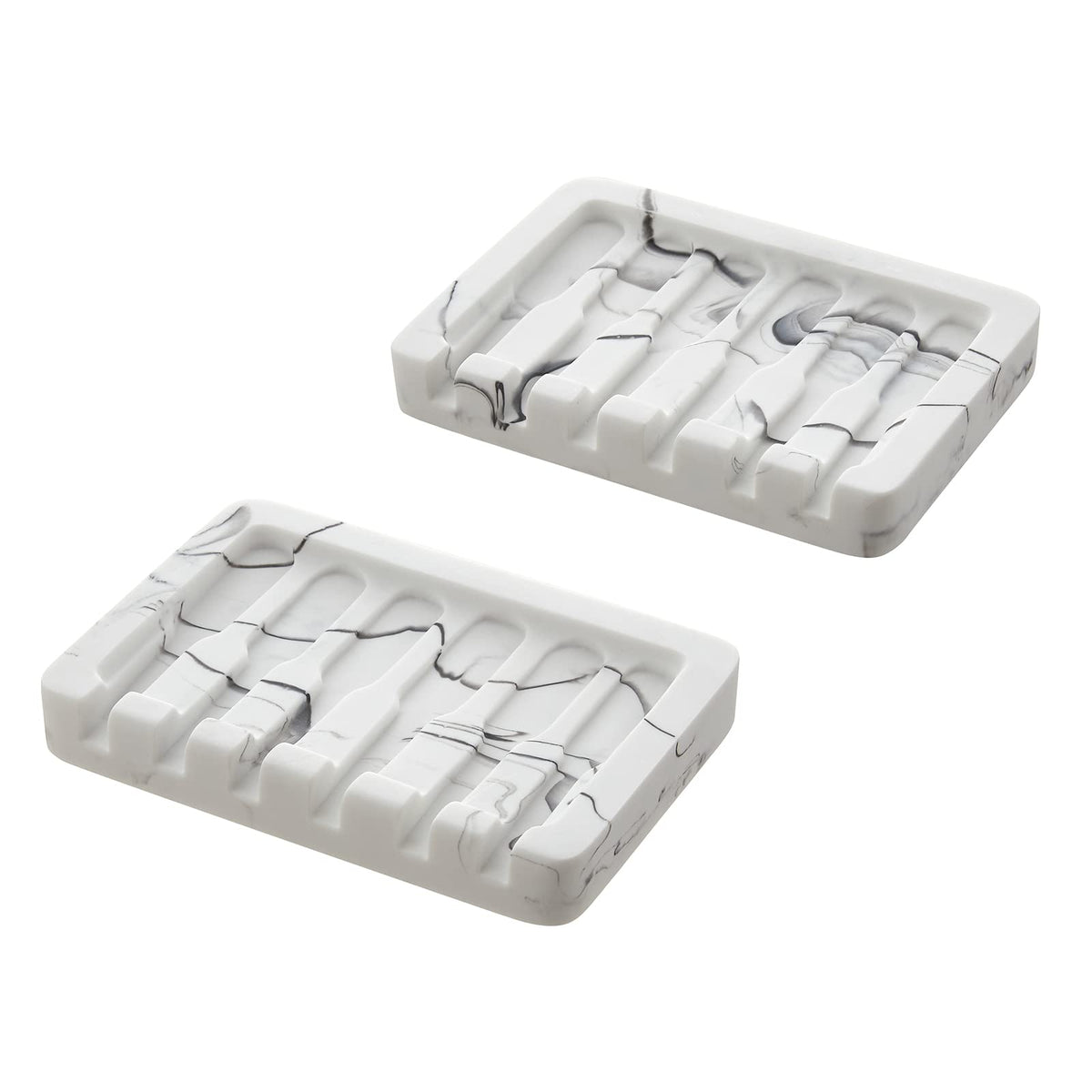 INIUNIK 2PCS Self Draining Soap Dish - Marble Look Soap Holder Tray Savers Box Container Sponge Holder for Bathroom Shower Kitchen, White