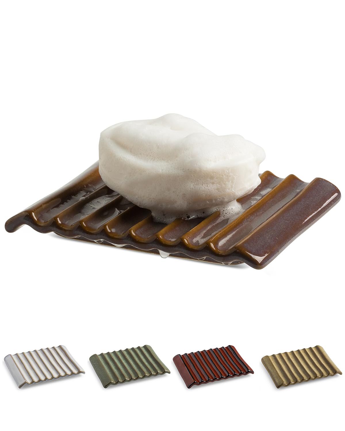 Zoeeker Soap Dish with Waterfall Design, Ceramic Soap Holder for Countertop