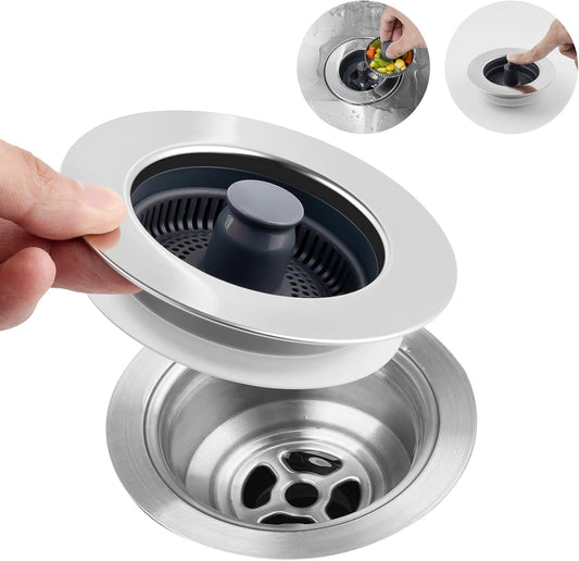 Hibbent 3-in-1 Kitchen Sink Drain Strainer & Stopper, Flat Handle, Chrome