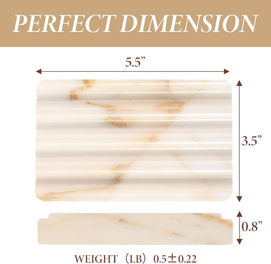 Koville Natural Marble Soap Dish for Bathroom Shower, White Gold Marble Soap Tray for Bathroom, Stone Soap Tray for Sink, Stripe Grooves Soap Saver Keep Soap Bars Dry Easy Clean